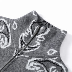 Paisley Knitted Zipper Stand Collar Cardigan Sweatshirt