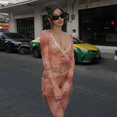 Sheer Printed V Neck Long Sleeve T-shirt And Trouser Matching Set