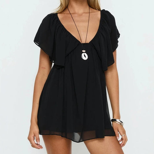 Chiffon Ruffle Romper Batwing Sleeve Mini Dress