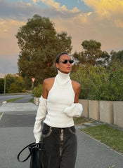 Ribbed Knit Turtleneck Cutout Shoulder  Vest Long-Sleeved Shawl 2-Piece Set Top