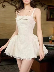 White Tweed Sparkle Bow Flare Mini Dress