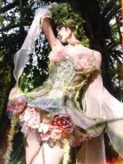 Dryad-style fantasy dress for Halloween and cosplay, pastel floral corset with ruffle hem