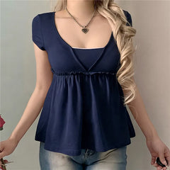 Blue Peplum Short Sleeve V-Neck Babydoll Top