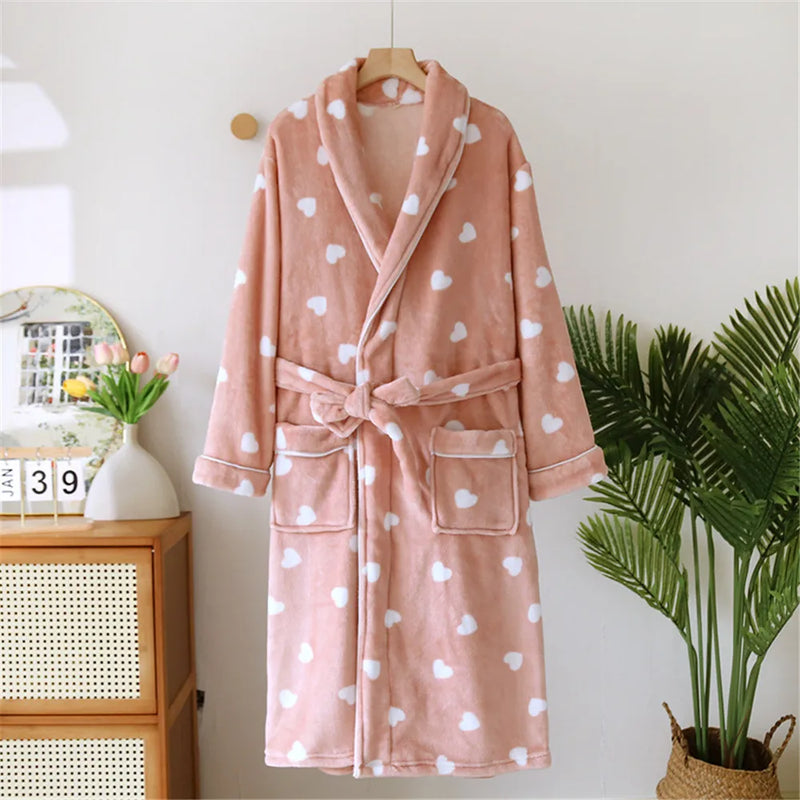 Heart Print Flannel Robe With Pocket – Free From Label