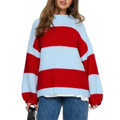 Blue And Red Round Neck Lantern Long Sleeve Striped Sweater