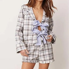 Long Sleeve Bow Front Plaid Print Shirt And Shorts Set Lounge Set