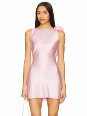 Satin Open Back Strap Flower Draped Mini Dress