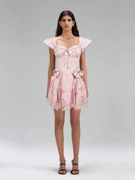 Eyelet Bow Waist Mini Dress