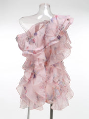 Pink Printed One Shoulder Multi-layered Ruffles Mini Dress