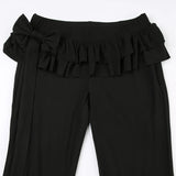 Black Lace Up Ruffled Flare Pants Low Waist Long Trouser