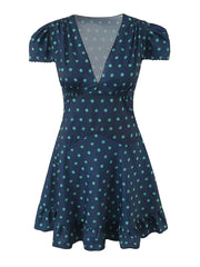 Navy Floral Print V Neck Puff Sleeve Mini Dress