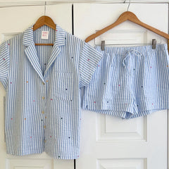 Striped Heart Short Sleeve Top And Shorts Sleepwear Set