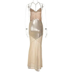 Metallic Spaghetti Strap  Mesh Mermaid Maxi Dress