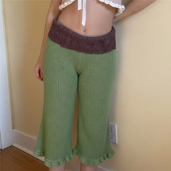 Green Color Block Knit Ruffle Hem Capri Pants