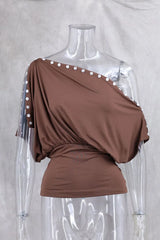 Brown Button Up Off-Shoulder Top