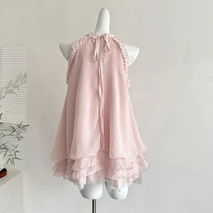 Pink Sleeveless Tank Lace Trim Bow Mini Dress