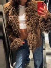 Faux Fur Plush Lapel Brown Jacket