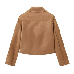 Brown suede jacket with a cropped length.