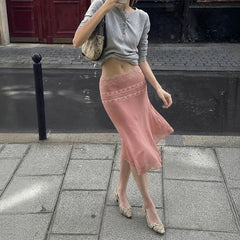 Pink Lace Trim Mesh Hem Midi Skirt