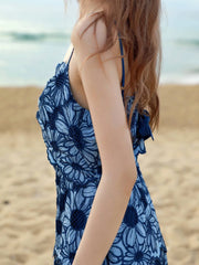Blue Floral Embroidery Midi Dress