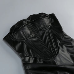 Black PU Leather Cinched Waist Pleated Mini Dress with Gloves