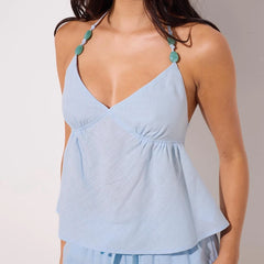 Beaded Tie Open Back Halter Badydoll Crop Top