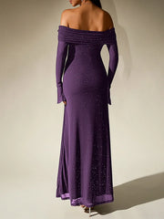 Off-Shoulder Flared Long Sleeve Sequined Maxi Dress