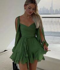 Chiffon Open Back Lace Up Long Sleeve Mini Dresses