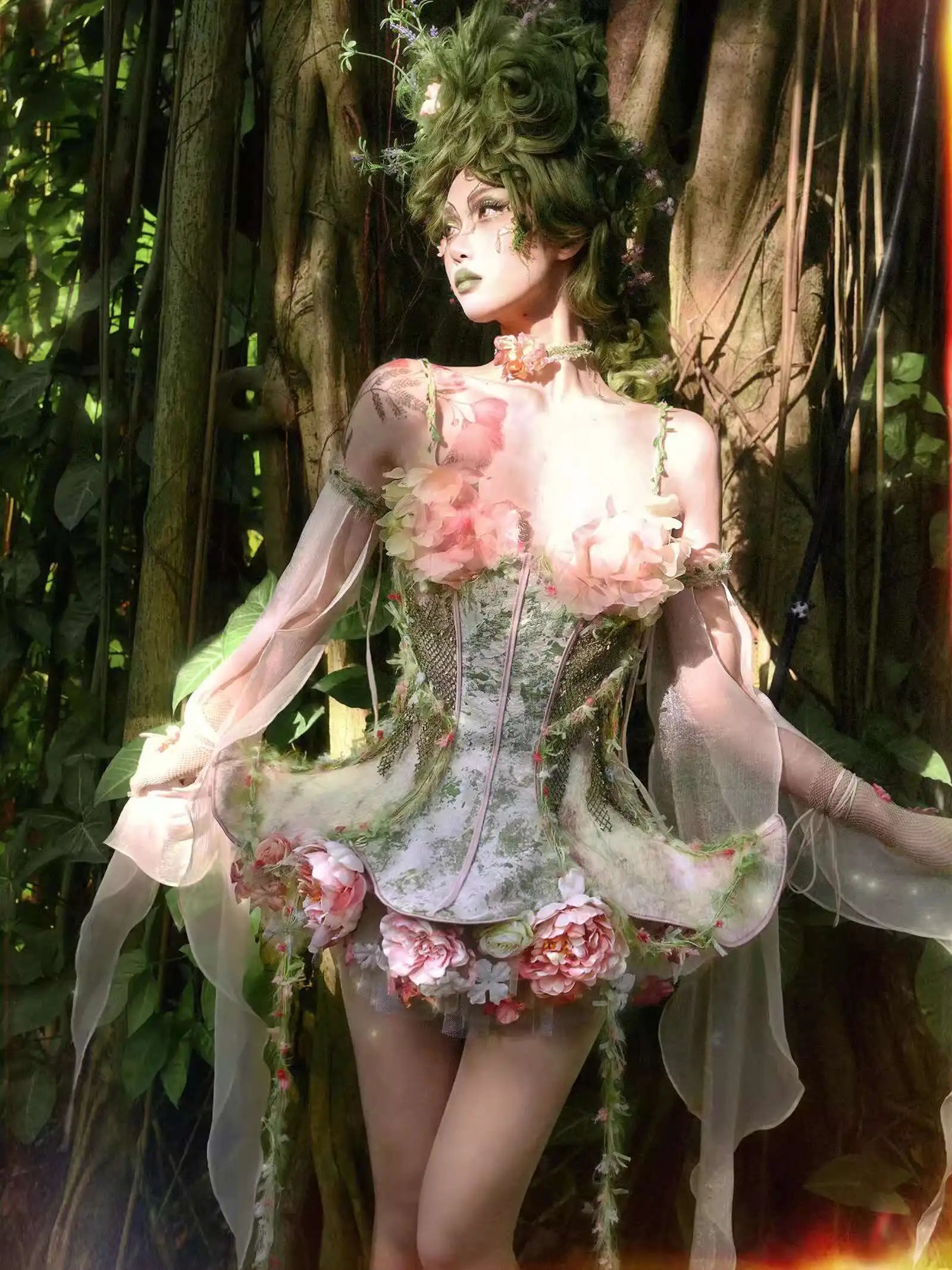 Ethereal woodland fairy corset dress with floral appliqués and sheer chiffon sleeves in blush pink and moss green