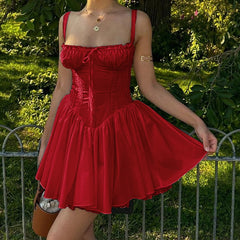 Red Corset Strap Frill Mini Dress - Free From Label