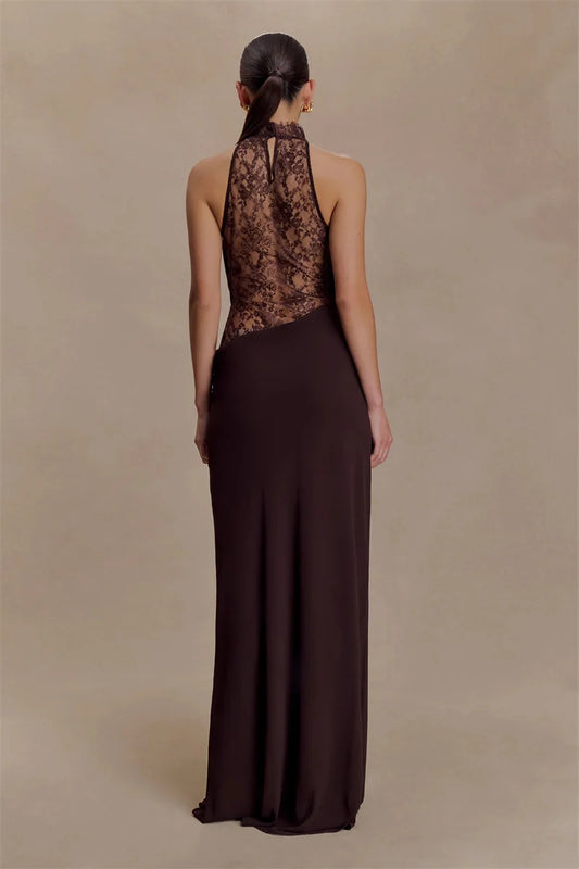 Brown Lace Hollow Out Cowl Maxi Dress