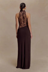 Brown Lace Hollow Out Cowl Maxi Dress