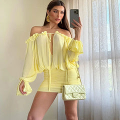 Yellow Off-Shoulder Sheer Ruched Mini Dress