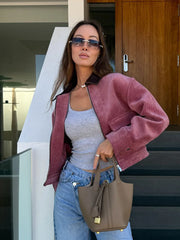 Pink Corduroy Turn-Down Collar Zipper Jacket