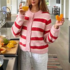 Fuzzy Mohair Striped Round Neck Button Crop Cardigan
