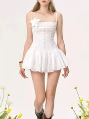 White Spaghetti Strap Eyelet 3d Flower Mini Dress