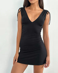Black V-Neck Tie Shoulder Sleeveless Mini Dress