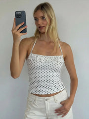 White Polka Dot Print Halter Strap Top