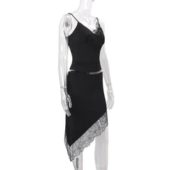 Black Embroidered Crop Top and Irregular Lace Hem Midi Skirt Set