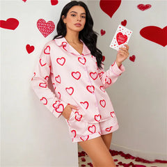 Long Sleeve Heart Print Shirt And Shorts Sleepwear Set