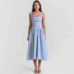 Blue Gingham Strap Midi Dress