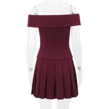 Solid Off-Shoulder Buttoned Top And Pleated Mini Skirt Set
