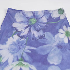Blue Flower Printed Mesh Midi Skirt