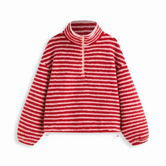 Half Zip Striped Stand Collar Fuzzy Sweatshirt