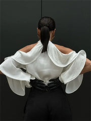 White High Neck Ruffled Cut Out Shirt Free From Label