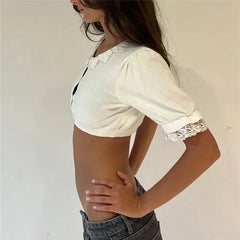 Lace Collar Knit Puff Short Sleeve Button Crop Top