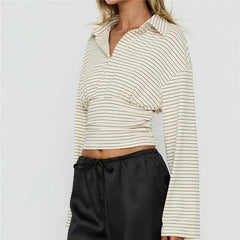 Striped Turn Down Collar Long Sleeve Top