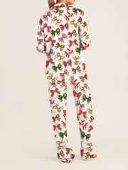 Christmas Bow/Dog/Snowman Print Long Sleeve Shirt with Pants Sleepwear Set