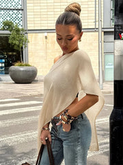 Knit See-Through Off-Shoulder Knit Poncho Top