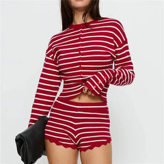 Stripe Knit Cropped Cardigan And Shorts Set
